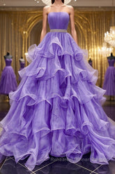 Gorgeous Strapless Layered Purple Tulle Long Semi Formal Prom Dresses with Belt, Purple Formal Evening Dresses, Purple Ball Gown